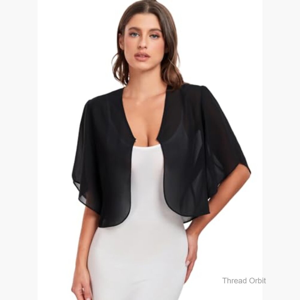 Large Chiffon Cropped Cardigan Shrug Short Sleeve Open Front Bolero - Picture 2 of 7
